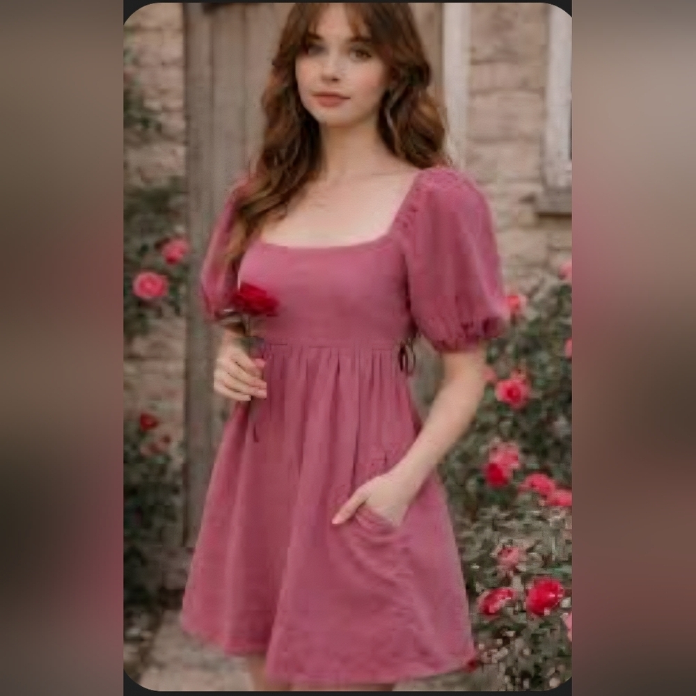 Audrey Park By Francescas Pink Corduroy Puff Sleeve Babydoll Dress Size Medium
